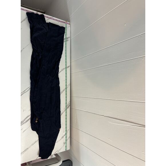 Free People Navy Blue Linen Slip Dress Button V Neck Size S Boho Preppy Smocked - Picture 5 of 6